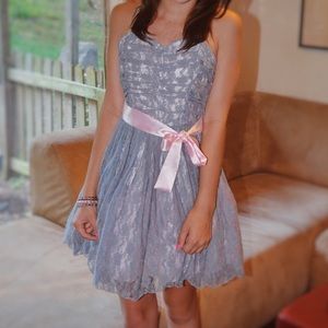Un Deux Trois Gray Lace Dress with Pink Satin Bow